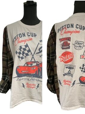 Lightening McQueen Upcycled T Shirt Flannel Top Racing Car Disney